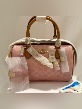 NWT Coach Powder Pink Medium Rowan Satchel Bag Signature Canvas Charms CEA18